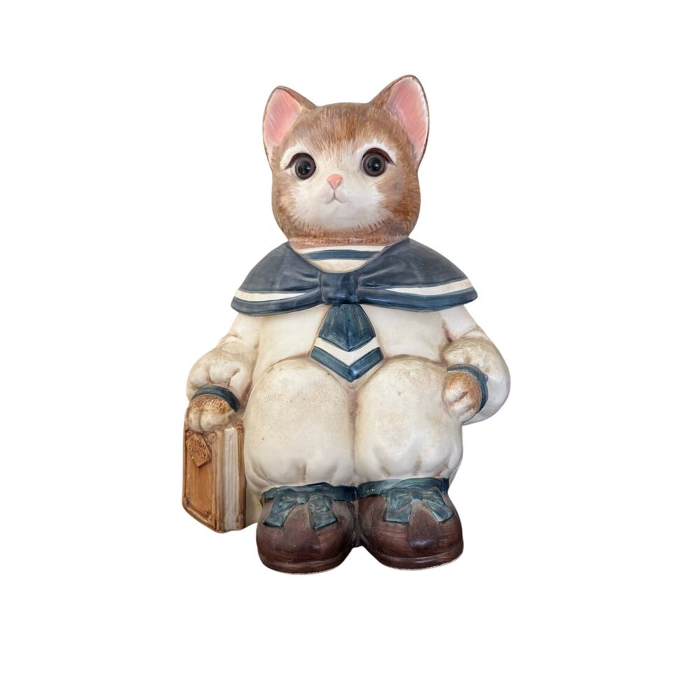 vintage Wilbur Milton Family Sailor Cat ceramic cookie jar with glass eyes 80s